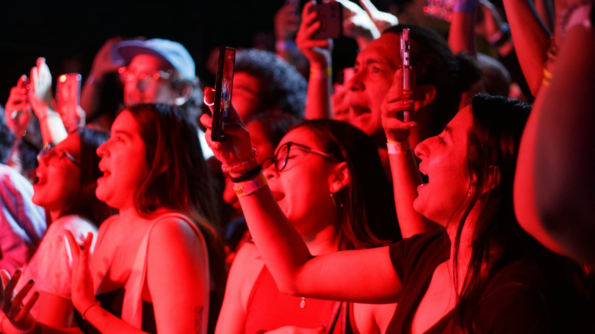 A concert crowd singing along and holding up their phones